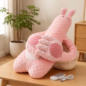 Peut inclure: Un oreiller rose en forme de lapin avec une surface texturée et un visage souriant. L'oreiller a de grandes pattes et des oreilles. Une télécommande blanche et un câble de chargement sont sur la table en bois.