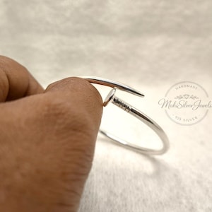 925 Silver Nail Bangle Bracelet, Thin Open Cuff Bracelet, Modern Minimalist Jewelry, Adjustable Handmade Gift for Her or Him