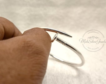 925 Silver Nail Bangle Bracelet, Thin Open Cuff Bracelet, Modern Minimalist Jewelry, Adjustable Handmade Gift for Her or Him