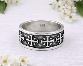 Kruisring Jeruzalem, brede band 925 sterlingzilver, Christian Worry-ring voor heren