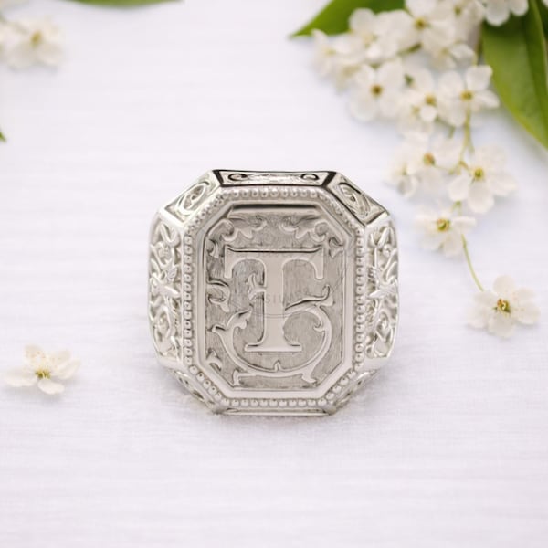 Personalized Ottoman Signet Ring, 925 Sterling Silver, Engraved Letter A-Z, Men’s Heavy Gift