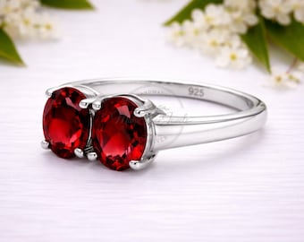 Red Garnet Ring, 925 Sterling Silver, Handmade Double Stone Minimalist Ring, January Birthstone