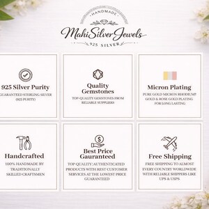 K&ouml;nnte beinhalten: Eine wei&szlig;e Infografik f&uuml;r Mahi Silver Jewels mit sechs quadratischen Feldern, die Symbole und Texte zur Reinheit von 925er Silber, hochwertigen Edelsteinen, Mikron-Beschichtung, Handarbeit und Versanddienstleistungen enthalten.