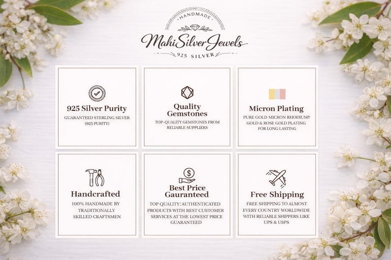 K&ouml;nnte beinhalten: Eine wei&szlig;e Infografik f&uuml;r Mahi Silver Jewels mit sechs quadratischen Feldern, die Symbole und Texte zur Reinheit von 925er Silber, hochwertigen Edelsteinen, Mikron-Beschichtung, Handarbeit und Versanddienstleistungen enthalten.