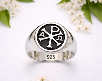 Bague Chi Rho, chevalière chrétienne en argent sterling 925, bijoux de foi Alpha Omega