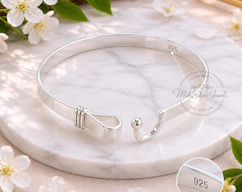 Sterling Silver Hook Bracelet, Handmade Solid Silver Bangle, Minimalist Cuff Jewelry, Elegant Gift for Her Men & Women