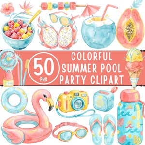 May include: A collection of watercolour summer-themed illustrations including a fruit bowl, dragon fruit, sunglasses, a coconut drink, papaya, a handheld fan, ice cream, a flamingo float, a camera, speaker, goggles, flip-flops, and a water bottle.
