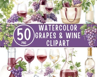Può includere: Clipart ad acquerello con bottiglie di vino, bicchieri e uva. L'immagine include una varietà di elementi legati al vino, come una caraffa per vino, un cavatappi e una borsa con una bottiglia all'interno. È visibile anche il testo "50 PNG WATERCOLOR GRAPES & WINE CLIPART".