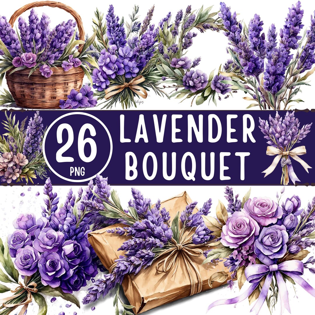 Lavender Bouquet Clipart Bundle – 26 PNG Watercolor Purple Floral ...