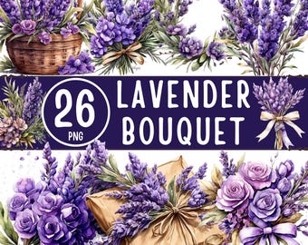 Paquete de imágenes prediseñadas de ramo de lavanda: 26 arreglos florales y coronas PNG en acuarela morada (descarga digital)