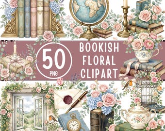 May include: A collection of 50 digital clipart illustrations featuring vintage books, floral arrangements, a globe, a candle in a brass holder, a birdcage, a pocket watch, a fountain pen, a wax-sealed envelope, and a window view with roses.