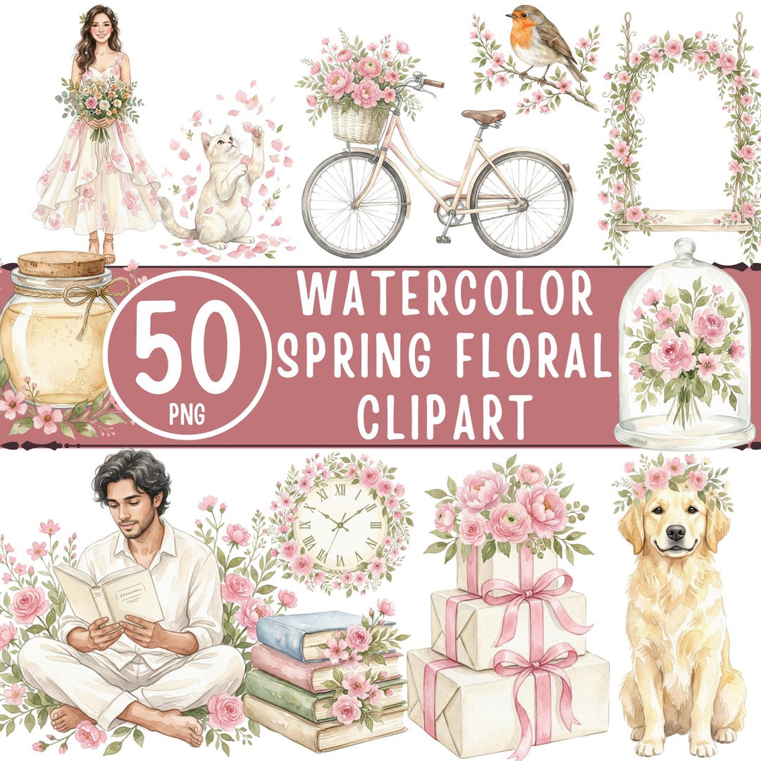 Spring Floral Watercolor Clipart Bundle, Romantic Garden Elements ...