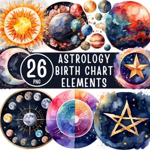 Op de afbeelding: Een verzameling van 26 PNG-elementen voor astrologische geboortehoroscoop. De afbeelding toont aquarel illustraties van planeten, manen, sterren en zonnen in blauwe, oranje en gouden tinten. De tekst "ASTROLOGY BIRTH CHART ELEMENTS" is prominent aanwezig.