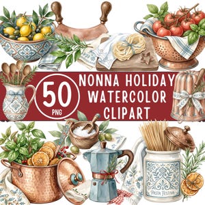 Può includere: Una collezione di illustrazioni ad acquerello con articoli da cucina tra cui una ciotola decorata con limoni, uno scolapasta in rame con pomodori, una brocca, una pentola in rame, una moka, un barattolo di pasta e varie erbe aromatiche.