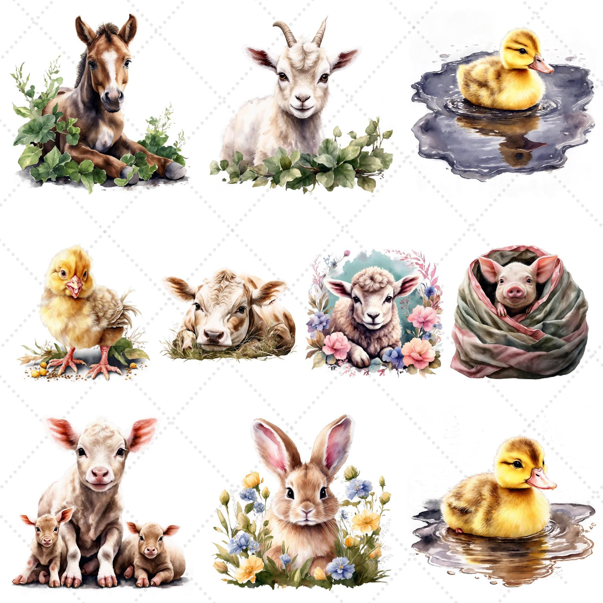 Watercolor Baby Farm Animals Clipart – Nursery, Sublimation PNG Bundle ...