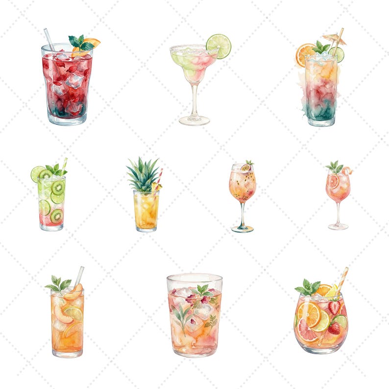 Summer Drinks Watercolor Clipart Bundle, Tropical Cocktails PNG Set ...
