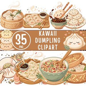 Puede incluir: Ilustración digital de dumplings kawaii en vaporeras de bambú y bandejas de madera, con salsas y palillos. Incluye el texto "KAWAII DUMPLING CLIPART" y el número "35 PNG".