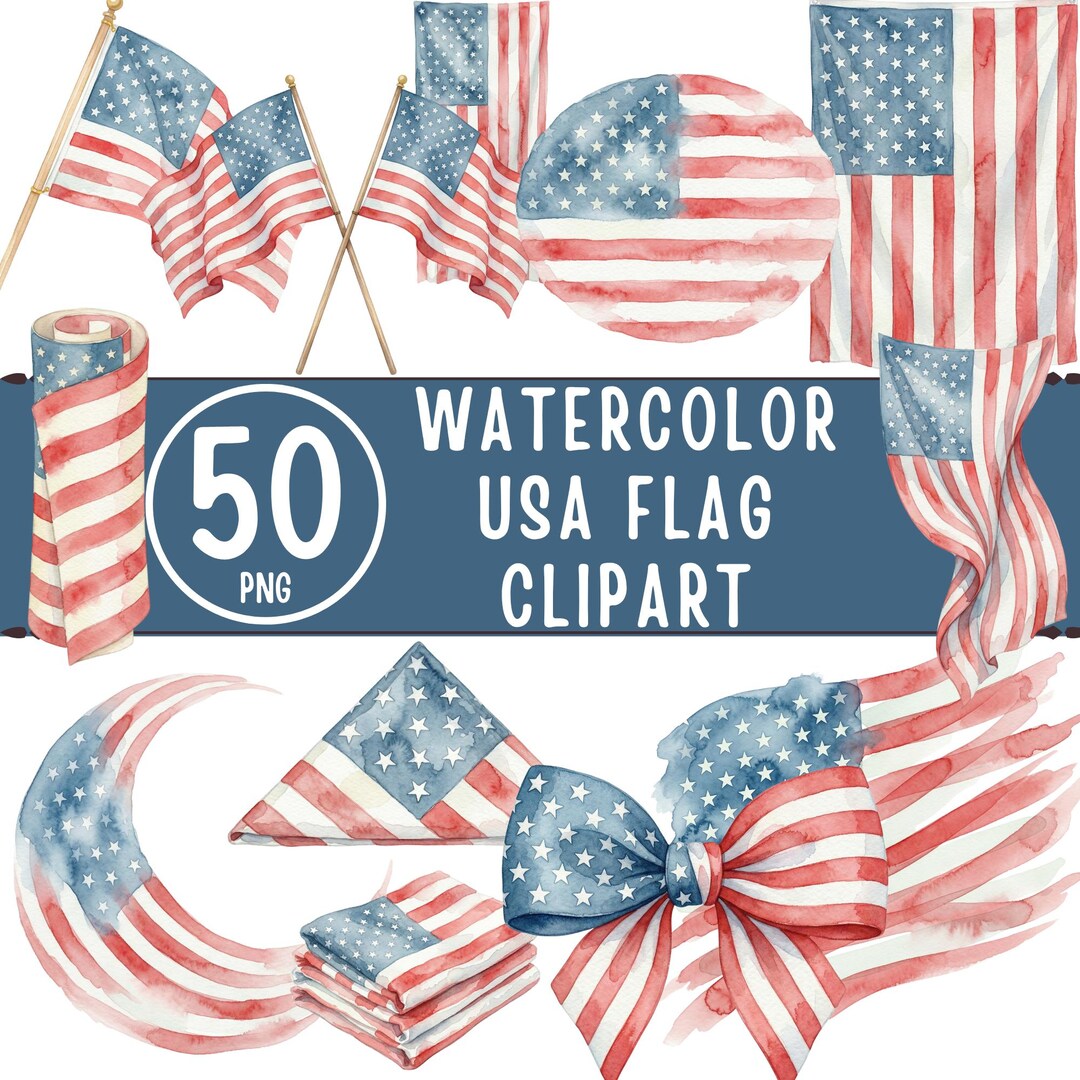Watercolor USA Flag Clipart Bundle – Patriotic PNG for 4th of July ...