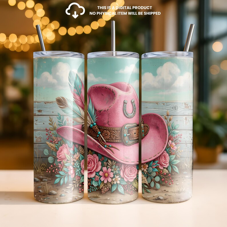 Pink Cowgirl Hat Horseshoe Tumbler Wrap PNG, Boho Western Floral Design ...