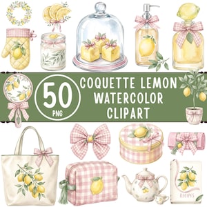 Pode incluir: Uma coleção de 50 ilustrações em aquarela com limões, laços xadrez rosa, uma bolsa tote, uma nécessaire, um bule, um livro de receitas, uma cúpula de vidro com manteiga, um dispensador de sabonete, um frasco de perfume e um espelho.