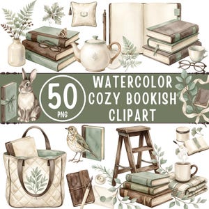 50 Watercolor Cozy Bookish Clipart PNG, Sage Green Cottagecore Library (Digital Download)