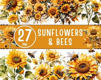 Sunflower & Bees Clipart Bundle PNG – 27 Watercolor Floral PNG for Sublimation and Prints