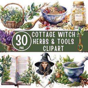 May include: A digital illustration featuring a collection of cottage witch herbs and tools. The image includes a wicker basket, a bowl, a jar, a mortar and pestle, a book, and a witch. The text "30 PNG" and "Cottage Witch Herbs & Tools Clipart" are also present.