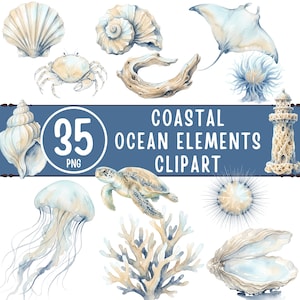May include: Watercolor clipart set featuring coastal ocean elements. Includes illustrations of seashells, a crab, a stingray, a jellyfish, a sea turtle, coral, and a lighthouse. The text "Coastal Ocean Elements Clipart" is also included.