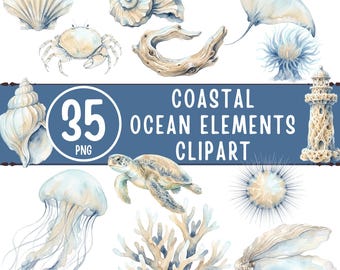 Könnte beinhalten: Aquarell-Cliparts mit maritimen Elementen. Enthält Illustrationen von Muscheln, einer Krabbe, einem Rochen, einer Qualle, einer Meeresschildkröte, Korallen und einem Leuchtturm. Der Text "Coastal Ocean Elements Clipart" ist ebenfalls enthalten.