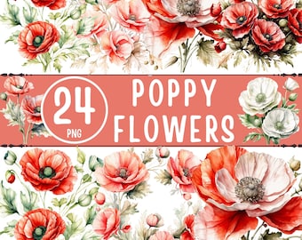 Poppy Flower Clipart Bundle PNG – 24 Watercolor Poppies Art