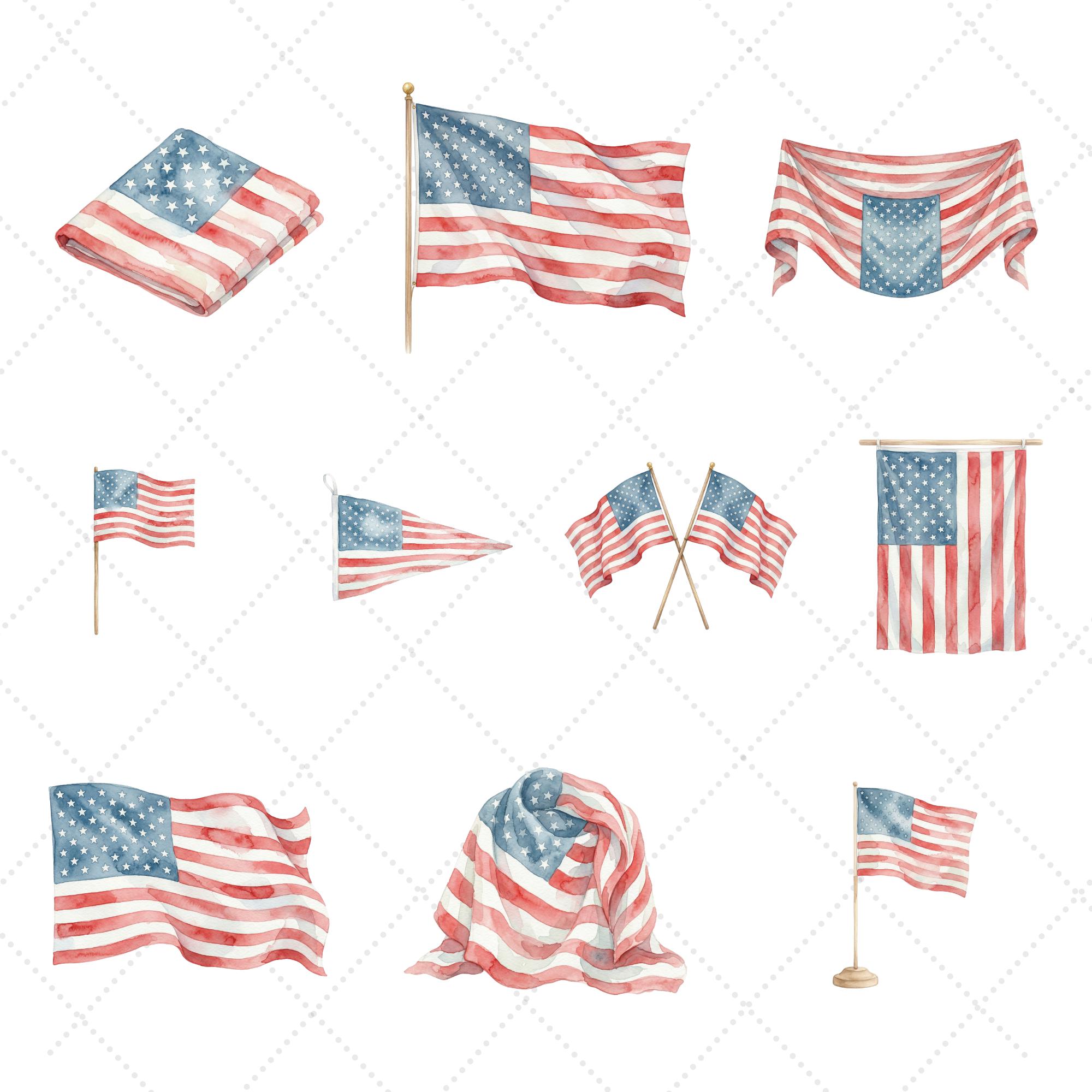 Watercolor USA Flag Clipart Bundle – Patriotic PNG for 4th of July ...