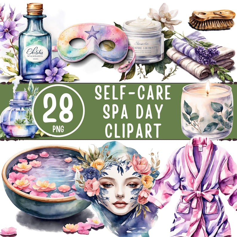 Self Care Spa Day Clipart Bundle - 28 PNG Watercolor Wellness Icons ...