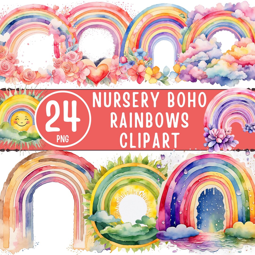 Nursery Rainbow Clipart PNG - 24 Boho Rainbow Watercolor Art | Digital ...