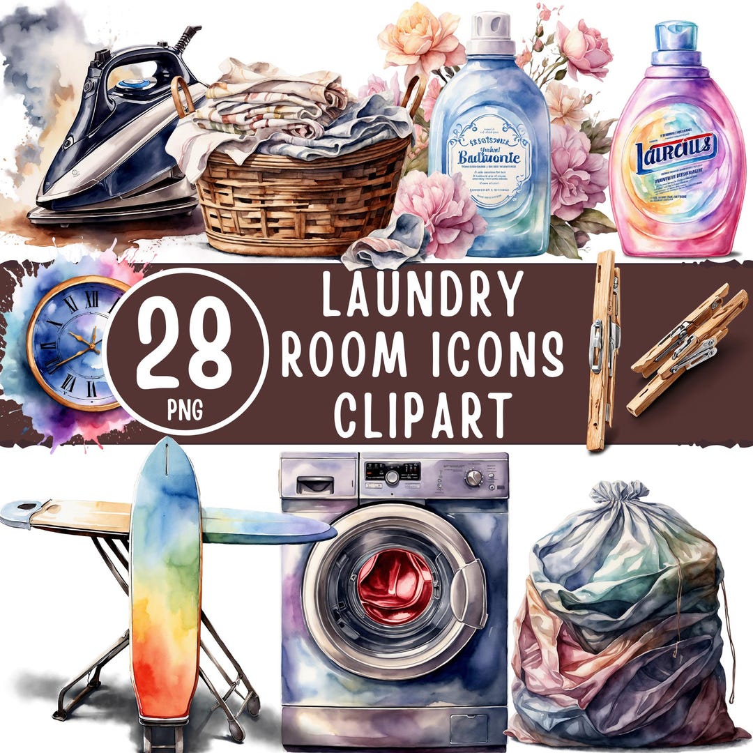 Laundry Room Clipart Bundle - 28 PNG Watercolor Home Organization ...