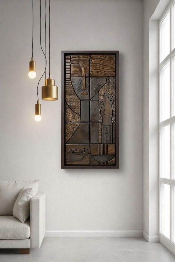 A hand-carved wooden wall relief where an artisan's chisel turns raw lumber into flowing figurative sculpture — the texture alone stops people mid-conversation.