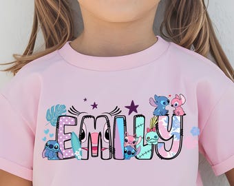 Aangepaste naam shirt met steek en engel, Lilo and Stitch aangepast shirt voor meisje en jongen, naam kindershirt familie, Disneyland verjaardag familie bijpassende T-shirt