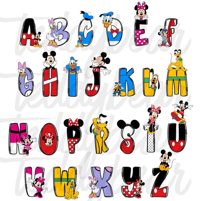 Op de afbeelding: Een kleurrijk alfabet met Disney-personages. Elke letter is versierd met een ander personage, waaronder Mickey Mouse, Minnie Mouse, Donald Duck en Pluto. De letters zijn in verschillende kleuren, met stippen en strepen.