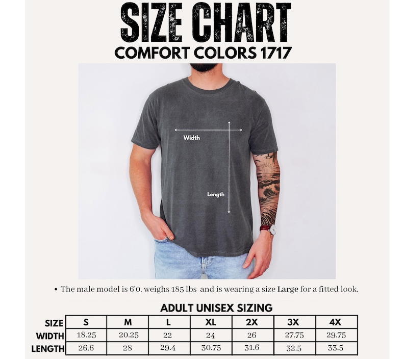 Op de afbeelding: Maattabel voor Comfort Colors 1717 unisex T-shirts voor volwassenen. De tabel bevat afmetingen voor breedte en lengte in cm, van maat S tot 4XL. Het model is 183 cm lang, weegt 84 kg en draagt maat L.