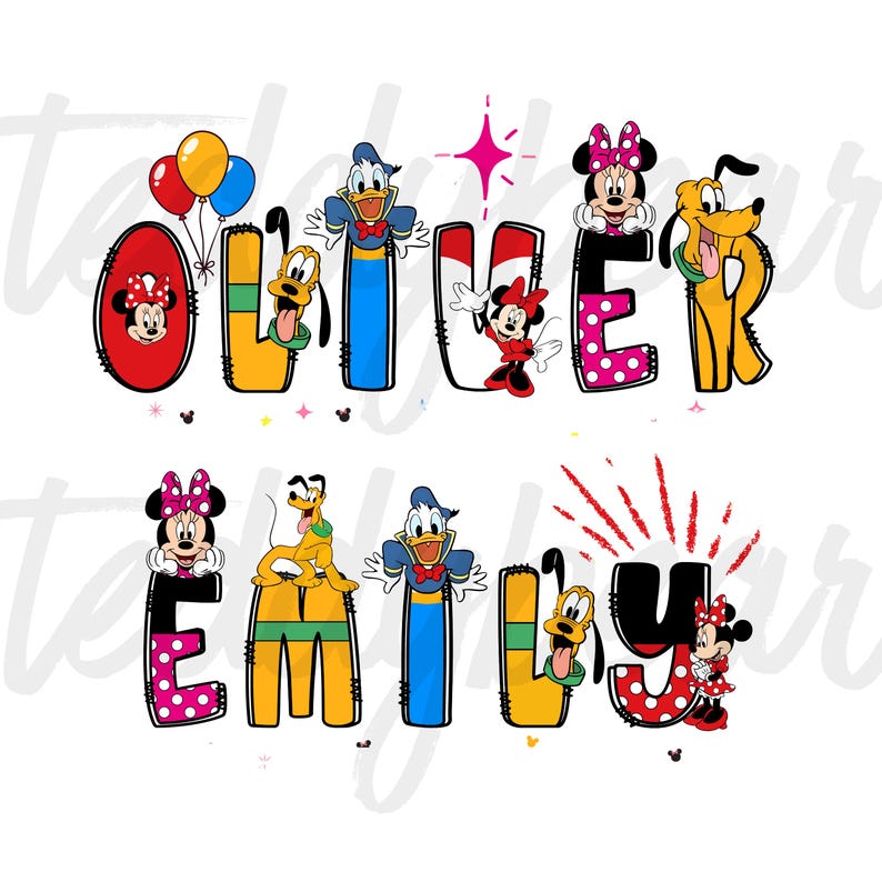 Op de afbeelding: Kleurrijke afbeelding met de namen "Oliver" en "Emily" in grote, gestileerde letters. Elke letter is versierd met Disney-personages zoals Mickey en Minnie Mouse, Donald Duck en Pluto. Ballonnen en sterrenstralen dragen bij aan het speelse ontwerp.