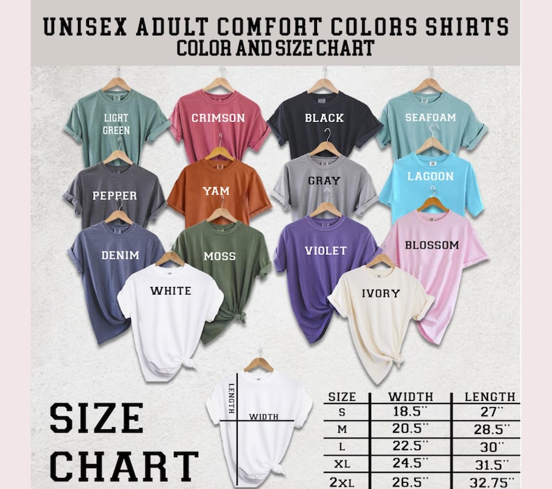 Op de afbeelding: Een kleurenkaart voor unisex comfort colors shirts voor volwassenen. De afbeelding toont verschillende shirtkleuren, waaronder lichtgroen, karmozijnrood, zwart en zeegroen. Een maattabel toont de afmetingen in inches voor breedte en lengte.