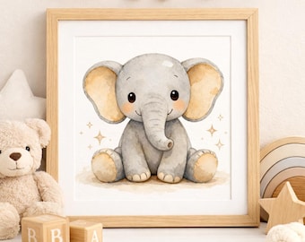 May include: Watercolor illustration of a gray baby elephant with large ears, sitting and smiling. The elephant is in a wooden frame, with gold star accents. The artwork is part of a nursery decor theme.