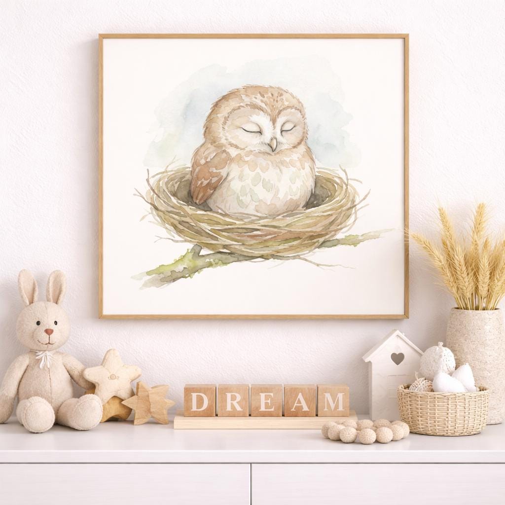 Watercolor Sleeping Baby Owl Print, Neutral Woodland Nursery Art (Digital Download)