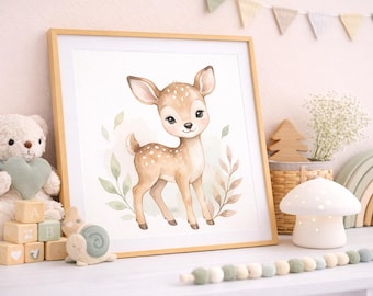 Baby Deer Watercolor Print, Boho Nursery Wall Art (Digital Download)