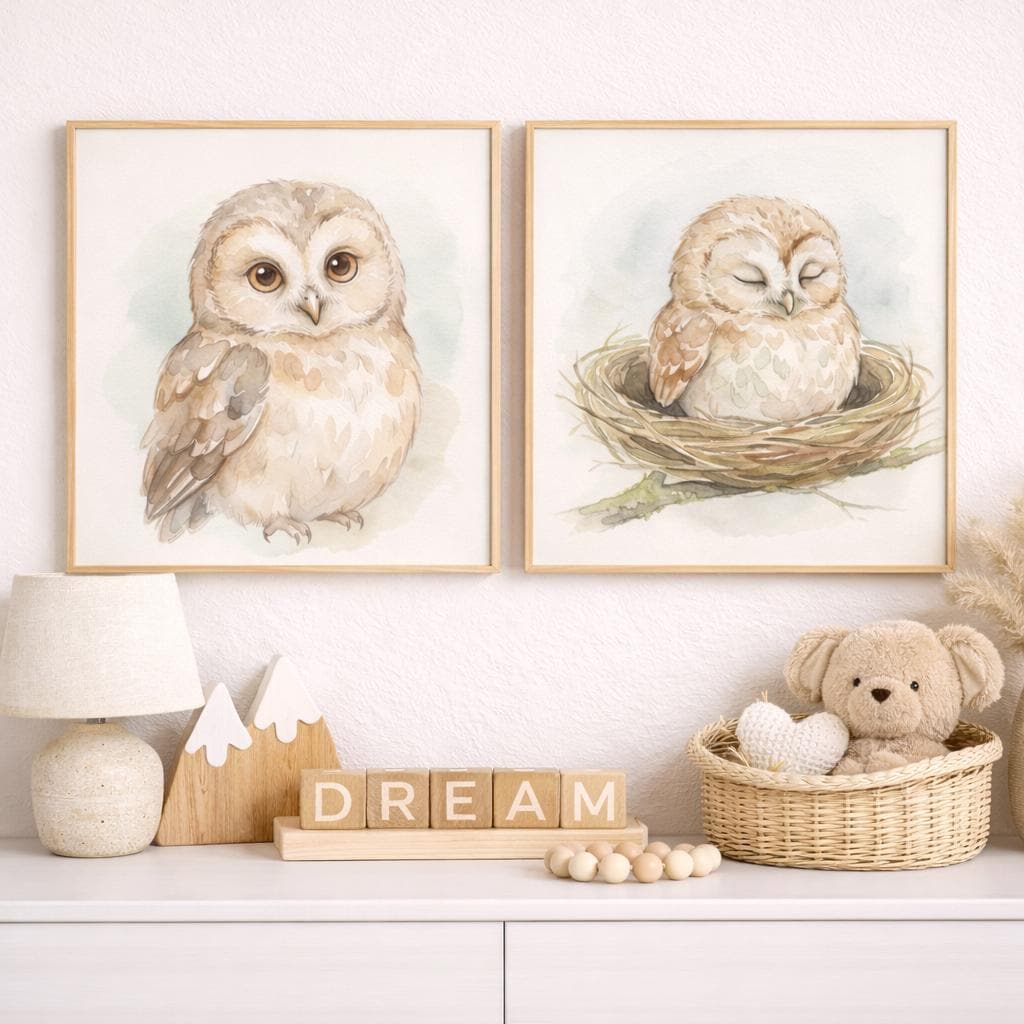 Watercolor Baby Owl Prints, Neutral Woodland Nursery Art (Digital Download)
