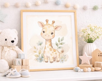 May include: A framed watercolor print of a giraffe with a light brown and cream color scheme. The giraffe is surrounded by light blue flowers and green leaves. The print is displayed with a teddy bear, wooden blocks, and other nursery decor.