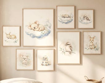 Complete Australian Nursery Wall Art Set of 8 | Neutral Baby Animal Prints | Koala Kangaroo Platypus Kookaburra Nursery Decor | Calm Theme