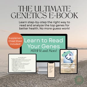以下が含まれることがあります： コンピューター、タブレット、電話に表示される「THE ULTIMATE GENETICS E-BOOK」というタイトルの電子書籍の広告。「Learn to Read Your Genes」と「MTHFR and More！」というテキスト。サプリメントチートシートが含まれています。