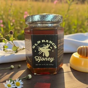 Puede incluir: Un tarro hexagonal de vidrio de miel Old Ranch, con tapa y etiqueta doradas. La etiqueta presenta una ilustraci&oacute;n de abeja y el texto "Honey". El tarro contiene 226g de miel. La imagen est&aacute; al aire libre con flores y sol.