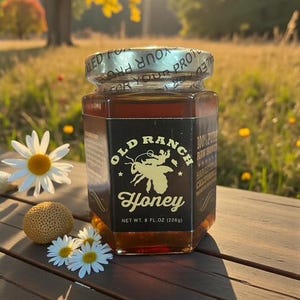 Puede incluir: Un tarro de miel Old Ranch, con una etiqueta que presenta una ilustraci&oacute;n de abeja, se encuentra sobre una superficie de madera. El tarro contiene miel de color &aacute;mbar y est&aacute; rodeado de margaritas y un peque&ntilde;o objeto texturizado. La etiqueta dice "Peso neto 226g".