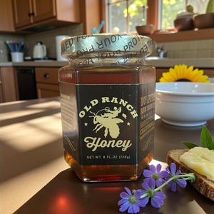 Puede incluir: Un tarro de miel Old Ranch, con una etiqueta negra y dorada, sobre una superficie marr&oacute;n. La etiqueta presenta una ilustraci&oacute;n de abeja y el texto "Honey". El tarro contiene 226g de miel. Flores moradas y una rebanada de pan con mantequilla en primer plano.